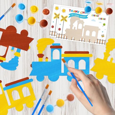 12-Pack Pre-Packaged Train Party Favors, Wooden Train Cutouts with Magnets & Painting Kits for Kids, Choo Choo Birthday Decorations & Thank You Gifts for Guests in Kuwait