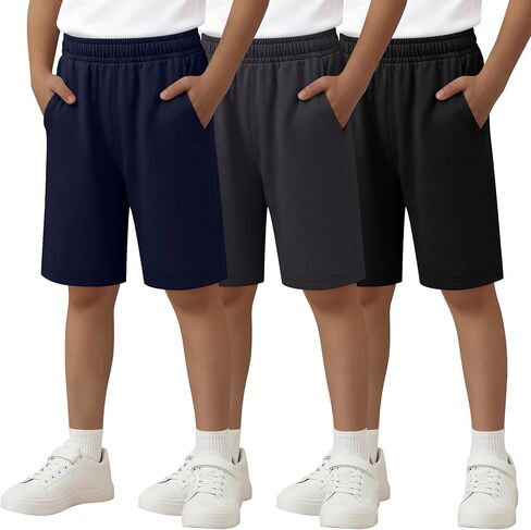 3 Pack Boys Shorts Bermuda Kids Athletic Elastic Waisted Pull On Youth Knee Length Sweat Shorts Pockets 5-16 Years in Kuwait