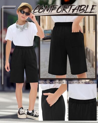 3 Pack Boys Shorts Bermuda Kids Athletic Elastic Waisted Pull On Youth Knee Length Sweat Shorts Pockets 5-16 Years in Saudi Arabia