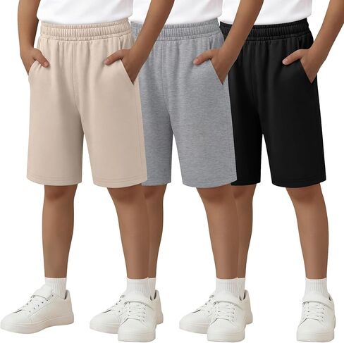 3 Pack Boys Shorts Bermuda Kids Athletic Elastic Waisted Pull On Youth Knee Length Sweat Shorts Pockets 5-16 Years in Saudi Arabia