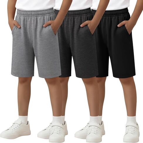 3 Pack Boys Shorts Bermuda Kids Athletic Elastic Waisted Pull On Youth Knee Length Sweat Shorts Pockets 5-16 Years in Saudi Arabia