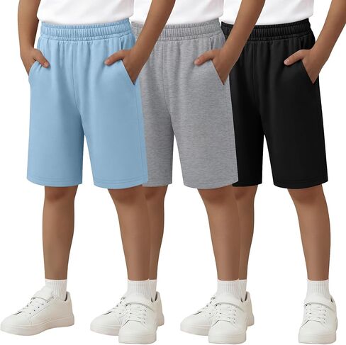 3 Pack Boys Shorts Bermuda Kids Athletic Elastic Waisted Pull On Youth Knee Length Sweat Shorts Pockets 5-16 Years in Saudi Arabia