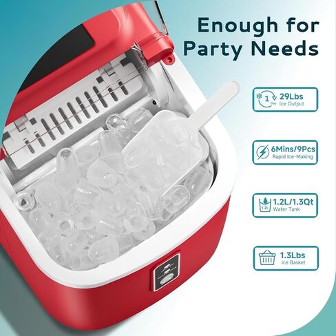 صانعة ثلج 9 رصاصات في 6 دقائق، 29 رطلًا من الثلج في 24 ساعة، آلة ثلج محمولة مع تنظيف ذاتي ومغرفة ثلج، لبار الحفلات المنزلية، أحمر in Kuwait