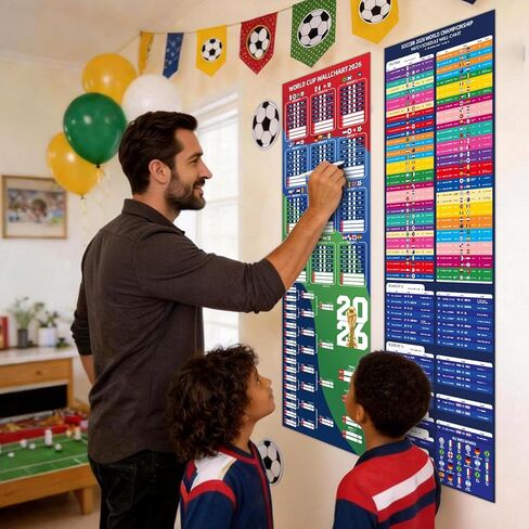 Joyvera 2026 World Cup Schedule Poster Set Dry Erase(3PCS), 40×13 Inches Double-Sided World Cup Schedule Poster with Group Stage, Knockout Rounds, Team Profiles, and Match Details for All 104 Games in Saudi Arabia