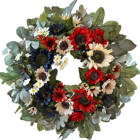 Wanna Want-Cul Decorations Wather Crections ، 24 بوصة عباد الشمس في 4 يوليو أكاليل للباب الأمامي ، إكليل من باب الصيف الأبيض الأزرق الزرقاء ليوم الاستقلال ، يوم تذكاري للديكور الداخلي في الهواء الطلق in Kuwait