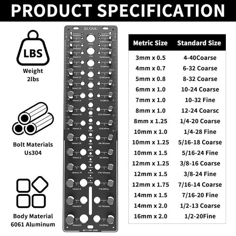 51-in-1 Bolt Size Finder & Thread Checker, 32 Metric & 32 SAE Nut and Bolt Thread Gauge with 19 Drill Bit Checker, CNC-Machined Aluminum Screw Size Chart, Go/No-Go ANSI Standard, Non-Slip Base. in Saudi Arabia