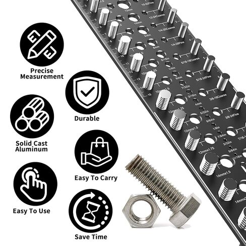 51-in-1 Bolt Size Finder & Thread Checker, 32 Metric & 32 SAE Nut and Bolt Thread Gauge with 19 Drill Bit Checker, CNC-Machined Aluminum Screw Size Chart, Go/No-Go ANSI Standard, Non-Slip Base. in Saudi Arabia