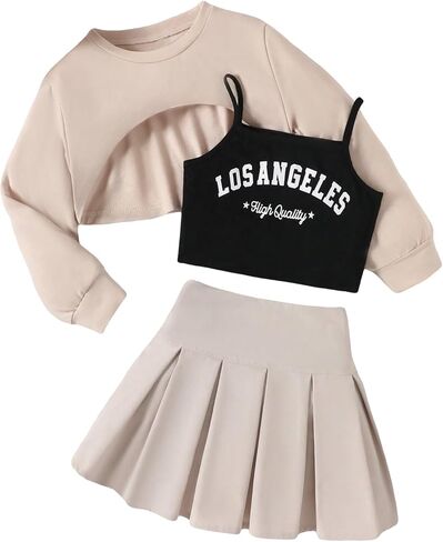 MakeMechic Girl 3 قطع ملامية لطيفة من طاقم الرقبة قميص من النوع الثقيل والتنورة المصغرة المطوية مع رسائل الرسومات كامي أعلى in Kuwait