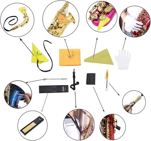 Alto Tenor Soprano Saxophone Cleaning Cloth Kit, Sax Microfiber Cleaning Cotton Cloth with Reed Case & Mouthpiece Brush & Gloves & Neck Strap, Wind Woodwind Clarinet Flute Trumpet Clean Care Swab in Saudi Arabia