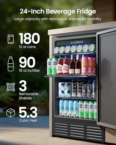 24 Inch Beverage Refrigerator, 180 Can Under Counter Fridge, Stainless Steel Beer Fridge for Built-in & Freestanding, Outdoor Refrigerator for Soda, Beer, Wine (Black) in Saudi Arabia