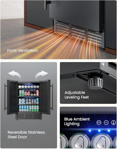 24 Inch Beverage Refrigerator, 180 Can Under Counter Fridge, Stainless Steel Beer Fridge for Built-in & Freestanding, Outdoor Refrigerator for Soda, Beer, Wine (Black) in Saudi Arabia