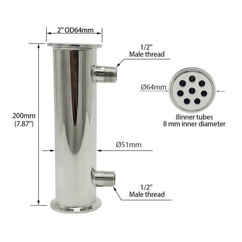 Dephlegmator 2 "51 مم (OD64mm) 304 مكثف ارتداد من الفولاذ المقاوم للصدأ ارتفاع 200 مم داخل 8 أنابيب in Kuwait