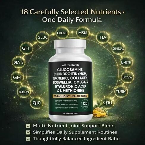 Arthronaturals 18 في 1، مكمل مشترك مع الجلوكوزامين، الكوندرويتين، MSM، حمض الهيالورونيك، أوميغا 3 وأكثر، لتوفير الدعم المشترك، وتحسين القدرة على الحركة والصحة على المدى الطويل، نباتي - 60 CPS (1) in Kuwait