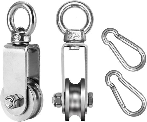 Cable Pulley Wheel Stainless Steel Snatch Pulley Block U Groove Wheel Heavy Duty Pulleys 360 Degree Swivel Roller with Carabiner for Lifting, Winching 2pc in Saudi Arabia