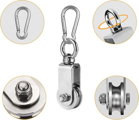 Cable Pulley Wheel Stainless Steel Snatch Pulley Block U Groove Wheel Heavy Duty Pulleys 360 Degree Swivel Roller with Carabiner for Lifting, Winching 2pc in Saudi Arabia