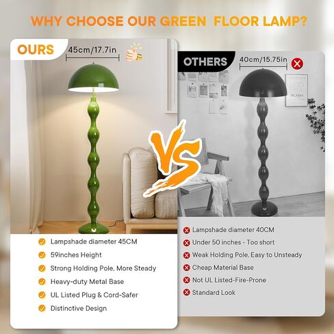 مصباح أرضي فريد من نوعه مصباح الفطر الأخضر الإبداعي مصباح واقف مع ظلال حديدية واسعة 45 سم ومفتاح القدم ضوء الأرضية الحديثة لغرفة المعيشة ، غرفة نوم ، مكتب ، زاوية ، 3 درجات حرارة ملونة in Kuwait