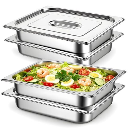 SHENLIU 4 Pack Hotel Pans with Lids, 2.5" Deep Stainless Steel Steam Table Pan 1/2 Size Anti-Jam Steam Pan Commercial Table Catering Storage Food Pans Buffet Warmer in Saudi Arabia