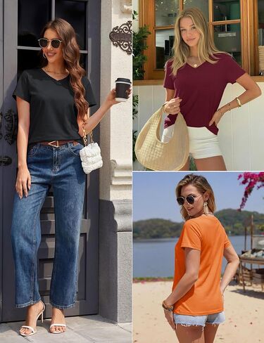 YUCOLEN Womens V Neck T Shirts Short Sleeve Cotton Summer Tops Casual Basic Tee Shirt 2025 Trendy Fashion Clothes in Kuwait