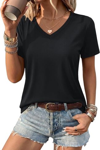 YUCOLEN Womens V Neck T Shirts Short Sleeve Cotton Summer Tops Casual Basic Tee Shirt 2025 Trendy Fashion Clothes in Kuwait