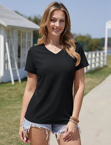 YUCOLEN Womens V Neck T Shirts Short Sleeve Cotton Summer Tops Casual Basic Tee Shirt 2025 Trendy Fashion Clothes in Kuwait