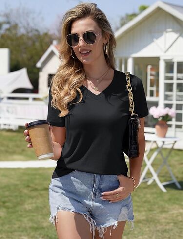 YUCOLEN Womens V Neck T Shirts Short Sleeve Cotton Summer Tops Casual Basic Tee Shirt 2025 Trendy Fashion Clothes in Kuwait