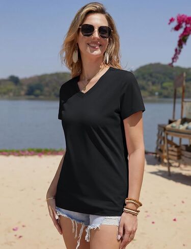 YUCOLEN Womens V Neck T Shirts Short Sleeve Cotton Summer Tops Casual Basic Tee Shirt 2025 Trendy Fashion Clothes in Kuwait
