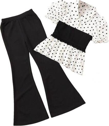 Milumia Girl's 2 Piece Outfit Cute Polka Dots Puff Sleeve Top and Flared Pants Set in Kuwait