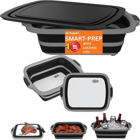 Collapsible BBQ Prep Tub XL with Locking Lid & Cutting Board - Pro-Grade Silicone Grill Station for Brisket, Ribs, Meal Prep - Space-Saving Portable Container for Camping, Tailgating & Outdoor Cooking in Saudi Arabia