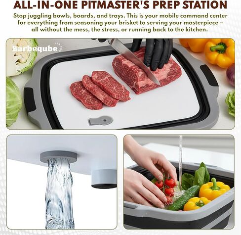 Collapsible BBQ Prep Tub XL with Locking Lid & Cutting Board - Pro-Grade Silicone Grill Station for Brisket, Ribs, Meal Prep - Space-Saving Portable Container for Camping, Tailgating & Outdoor Cooking in Saudi Arabia