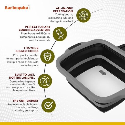 Collapsible BBQ Prep Tub XL with Locking Lid & Cutting Board - Pro-Grade Silicone Grill Station for Brisket, Ribs, Meal Prep - Space-Saving Portable Container for Camping, Tailgating & Outdoor Cooking in Saudi Arabia