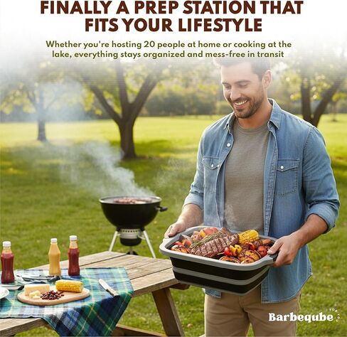 Collapsible BBQ Prep Tub XL with Locking Lid & Cutting Board - Pro-Grade Silicone Grill Station for Brisket, Ribs, Meal Prep - Space-Saving Portable Container for Camping, Tailgating & Outdoor Cooking in Saudi Arabia