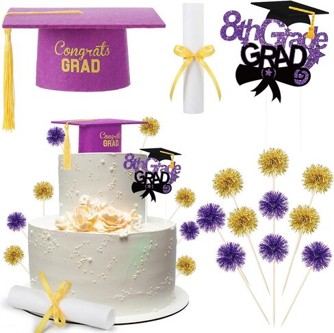 شملت مجموعة كعكة التخرج من الصف الثامن 13 PCS CAKE CAKE GLITER TOPPORS CAPE CAP مع ديكور دبلوم شرابة لعام 2025 لوازم الحفلات الدراسات العليا في الصف الثامن (الذهب الأسود) in Kuwait