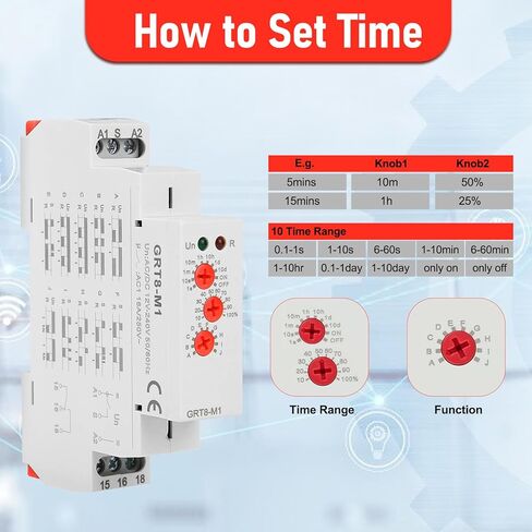 Multifunctional Delay Time Relay, GRT8-M1 AC/DC 12V-240V Wide Voltage Relays Timer, 10 Functions Delay ON Off, DIN Rail Mount Timer Relay for Industrial Control & Smart Home in Saudi Arabia