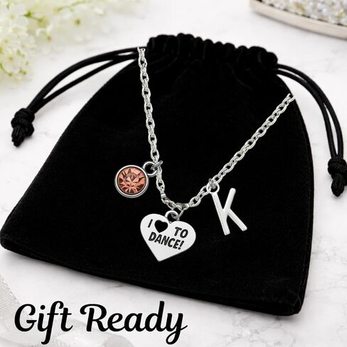 Sportybella Dance Necklace for Girls with Initial and Birthstone, I Love to Dance Heart Charm Necklace, Ballet Dancer Gift with Dance Card and Envelope, Dance Recital Gift in Saudi Arabia