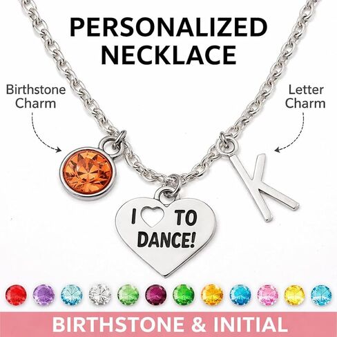 Sportybella Dance Necklace for Girls with Initial and Birthstone, I Love to Dance Heart Charm Necklace, Ballet Dancer Gift with Dance Card and Envelope, Dance Recital Gift in Saudi Arabia