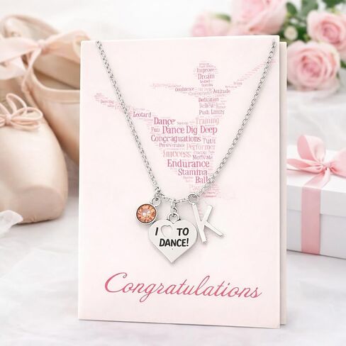 Sportybella Dance Necklace for Girls with Initial and Birthstone, I Love to Dance Heart Charm Necklace, Ballet Dancer Gift with Dance Card and Envelope, Dance Recital Gift in Saudi Arabia
