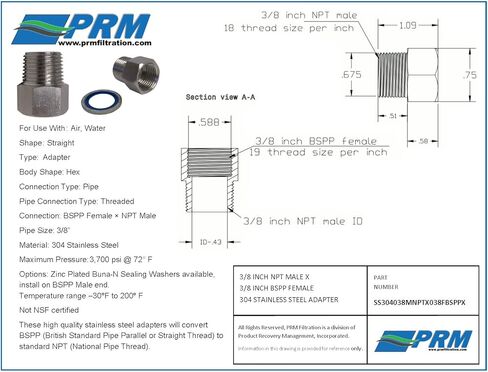محول BSPP إلى NPT - 3/8 بوصة ذكر NPT × 3/8 بوصة BSPP أنثى مع غسالة مانعة للتسرب، 304 من الفولاذ المقاوم للصدأ، ختم Buna-N، نطاق درجة الحرارة -30 درجة إلى 200 درجة فهرنهايت، غسالة فولاذية مطلية بالزنك لتوصيل مانع للتسرب in Kuwait