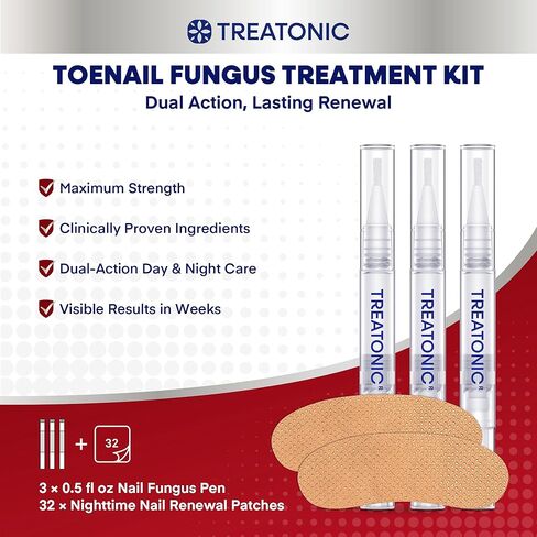 Treatonic Toenail Fungus Treatment Kit: Antifungal Nail Fungus Treatment Extra Strength with 25% Undecylenic Acid (3 Pens) & 32 Night Fungal Nail Patches - Repairs Damaged & Restores Discolored Nails in Saudi Arabia