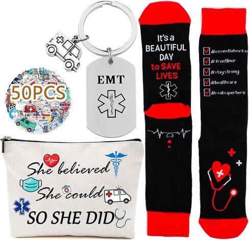 EMT Appreciation Gifts Merch - 4 Pcs with Emergency Medical Technician Makeup Bag Socks Keychain and Stickers - Great for First Responders in Kuwait