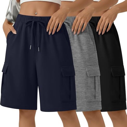 3 Pack Women's Bermuda Shorts Cargo Wide Leg Knee Length Sweat Shorts Lounge Athletic Drawstring Short with Pocket in Saudi Arabia
