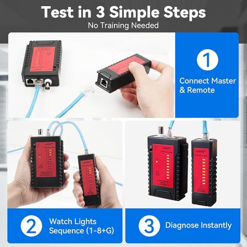 Professional Network Cable Tester, 3-in-1 RJ45 RJ11 BNC Ethernet Tester for CAT5/CAT6/CAT7 UTP/STP with 9V Battery Included, 60V Anti-Burn Continuity Testing Tool in Kuwait