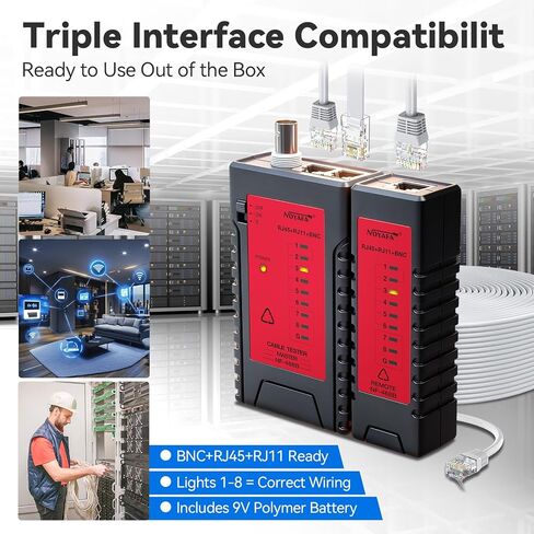 Professional Network Cable Tester, 3-in-1 RJ45 RJ11 BNC Ethernet Tester for CAT5/CAT6/CAT7 UTP/STP with 9V Battery Included, 60V Anti-Burn Continuity Testing Tool in Kuwait