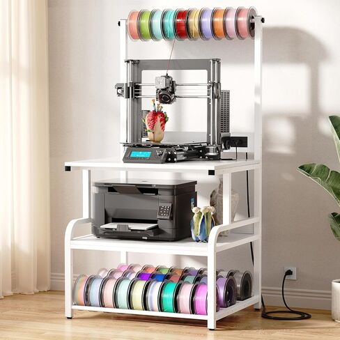 حامل طابعة مثلي الجنس ، 23.6 x18.9 × 30 بوصة طاولة طابعة كبيرة الحجم مع محطة الشحن ومصابيح LED ، 3 طبقات طابعات الطابعة مع رف تخزين قابل للتعديل ، أبيض in Kuwait