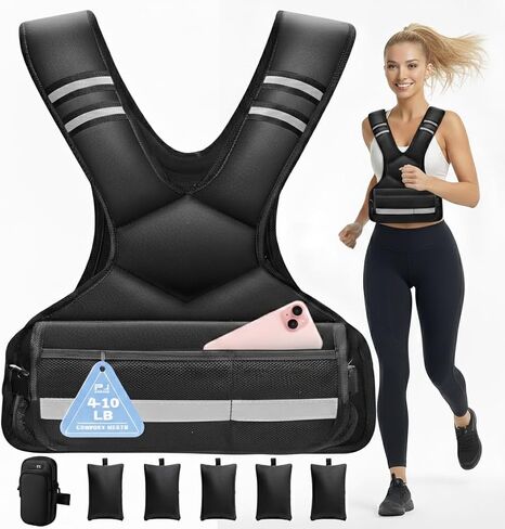 Adjustable Weighted Vest for Men and Women,4-10lb Variable Body Weight Vest for Home Workouts, Running, Rucking, HIIT & Strength Training, Removable Ironsand Weights, Reflective & Pockets in Saudi Arabia