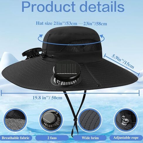 قبعة مروحة تعمل بالطاقة الشمسية، قبعة مع مراوح تعمل بالطاقة الشمسية، قبعة صيد خارجية بمروحة شمسية ذات حافة واسعة، 2 مراوح شمسية باللون الأسود in Kuwait