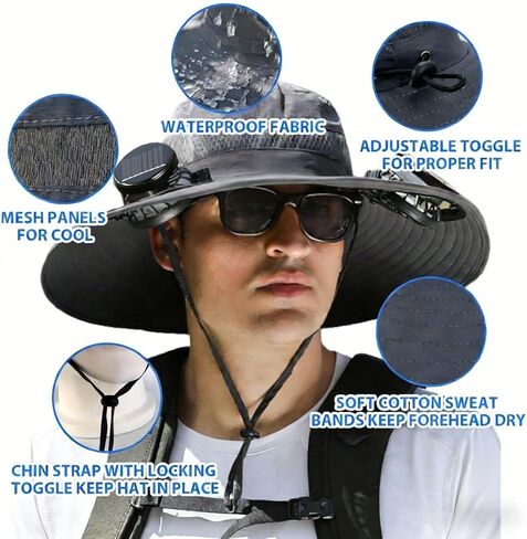 قبعة مروحة تعمل بالطاقة الشمسية، قبعة مع مراوح تعمل بالطاقة الشمسية، قبعة صيد خارجية بمروحة شمسية ذات حافة واسعة، 2 مراوح شمسية باللون الأسود in Kuwait