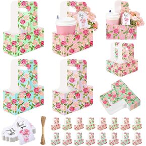20 Pack Floral 2 Cup Drink Carrier with Handle, Mother's Day Coffee Cup Holder with Cards and Ropes, Disposable Cardboard Foldable Drink Caddy for Hot Cold Drinks, Food Delivery in Saudi Arabia