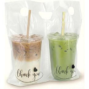 حقيبة حامل المشروبات - 100 قطعة حامل كوبين مع مقبض لسائقي التوصيل - حقيبة حامل أكواب سعة 32 أونصة للمشروبات - أكياس مشروبات بلاستيكية لتوصيل الطعام in Kuwait