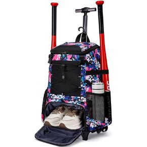 Softball Bag, Baseball Rolling Bat Bag - Wheeled for Youth Girls Adult, Lightweight Baseball Equipment Backpack with Shoe Compartment, Bat Backpack with Fence Hook for TBall Bat, Helmet in Kuwait