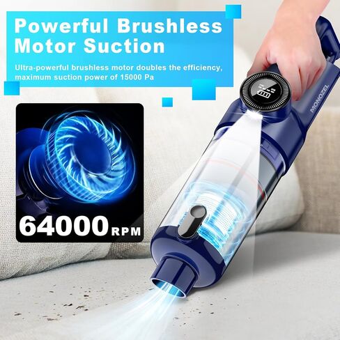 Handheld Vacuum Cordless - Car Vacuum Cleaner with Brushless Motor, 15kPa Powerful Suction Vacuum with LED Light, Type C Port, 2 Fliters, Portable Hand Vacuum for Home, Pet and Car in Kuwait